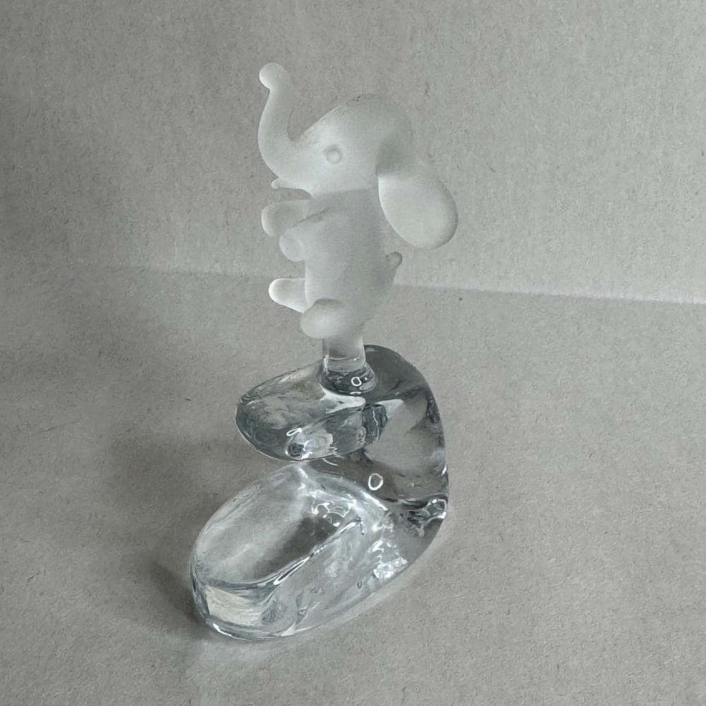 Miniature Frosted Glass Elephant Figurine on Clear Art Glass Base Sculpture